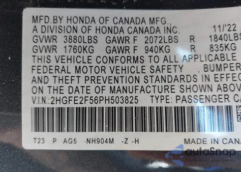 2023 Honda Civic Sport z USA, uszkodzony, nr VIN 2HGFE2F56PH503825